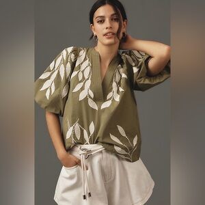 Anthropologie Puff Sleeve Embroidered Blouse